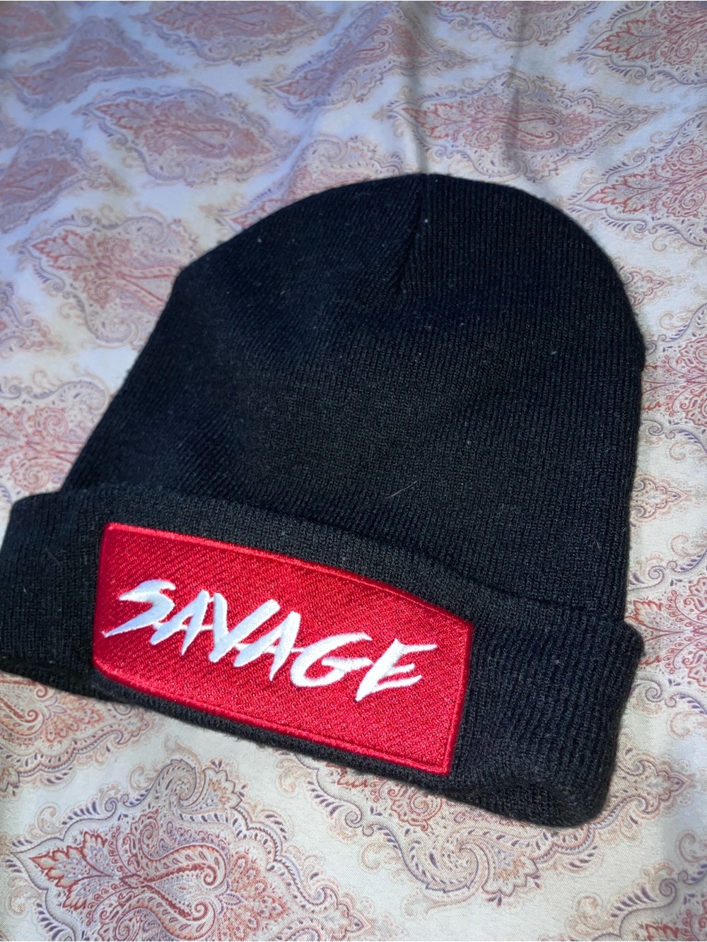 "Savage" Black Beanie with Red Patch